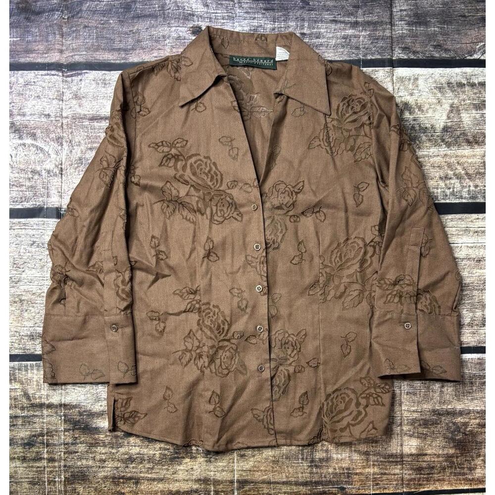 Harve Benard Top Women's Large Linen Cotton Brown Floral Sheer Button Up